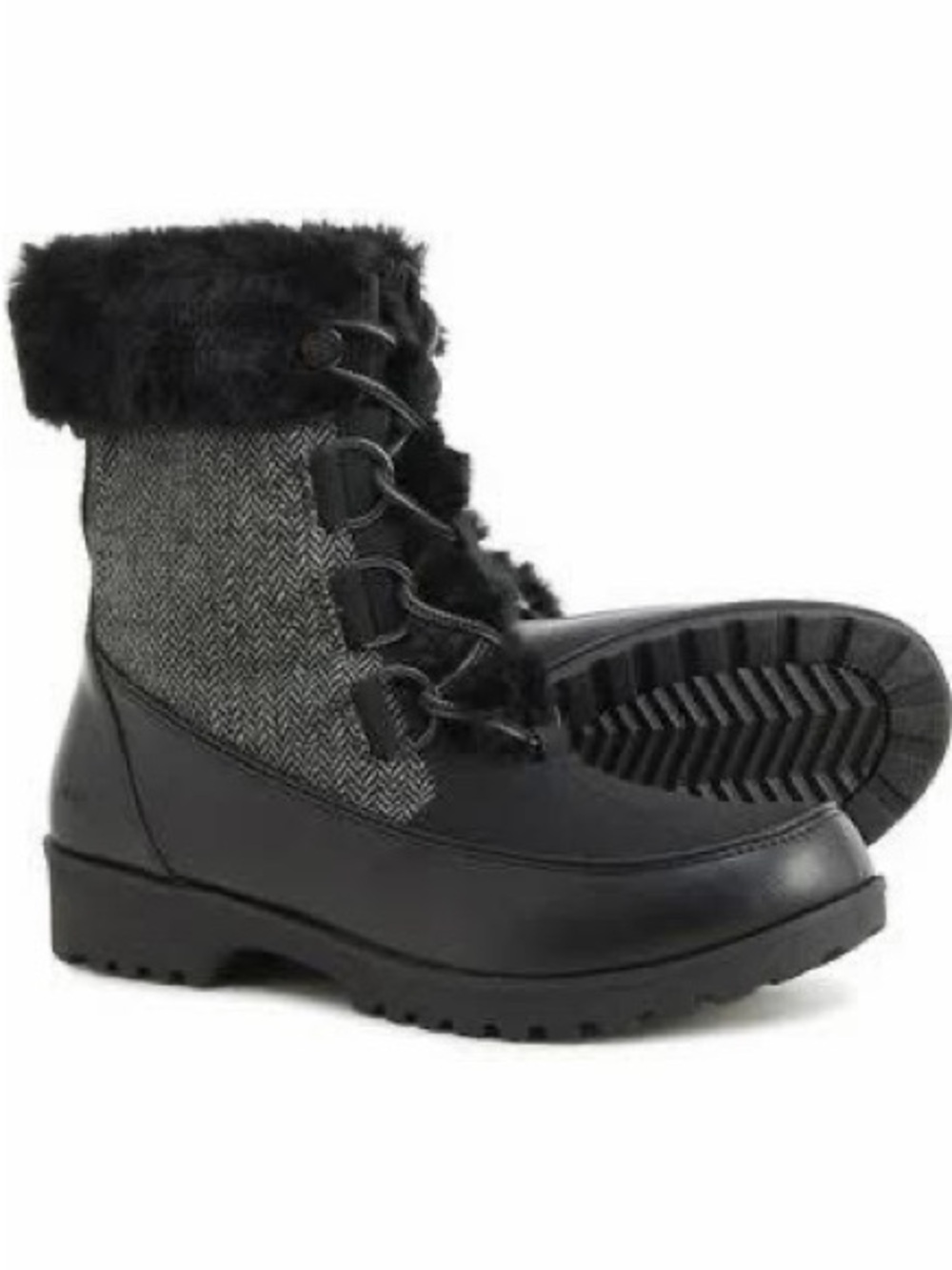 JBU Black Faux Fur-Trim Herringbone Lace-Up Winter Boots